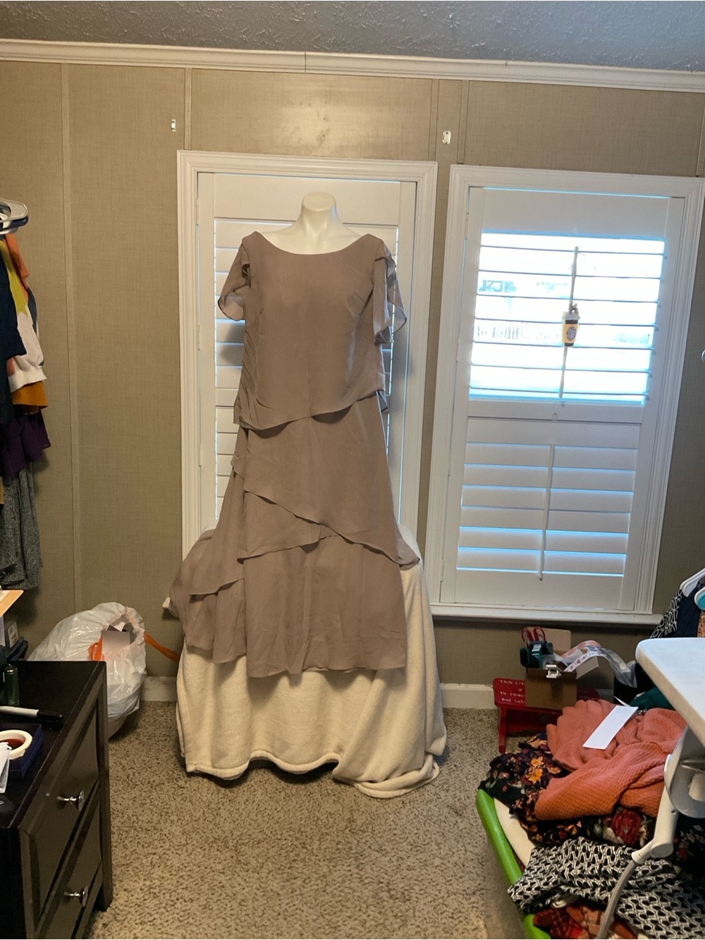 Layered Taupe Maxi Dress with Flutter Sleeves